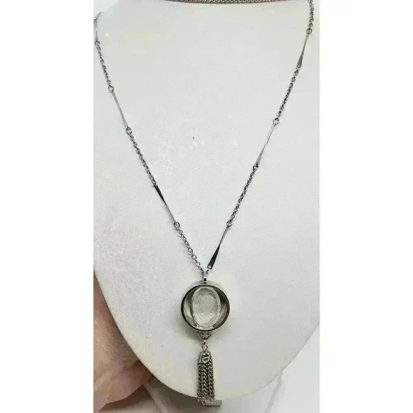 Vintage Clear Glass Cameo Intaglio Reverse Carved pendant double necklace Tassle - Picture 2 of 8